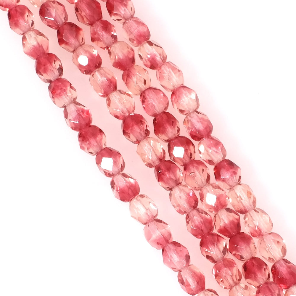 Fil de perles de Bohème rondes facettées 6mm Rose framboise dégradé transparent