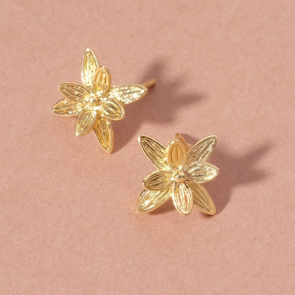 Boucles d&#39;oreilles clous fleur en laiton doré à l&#39;or fin 24K Premium, la paire