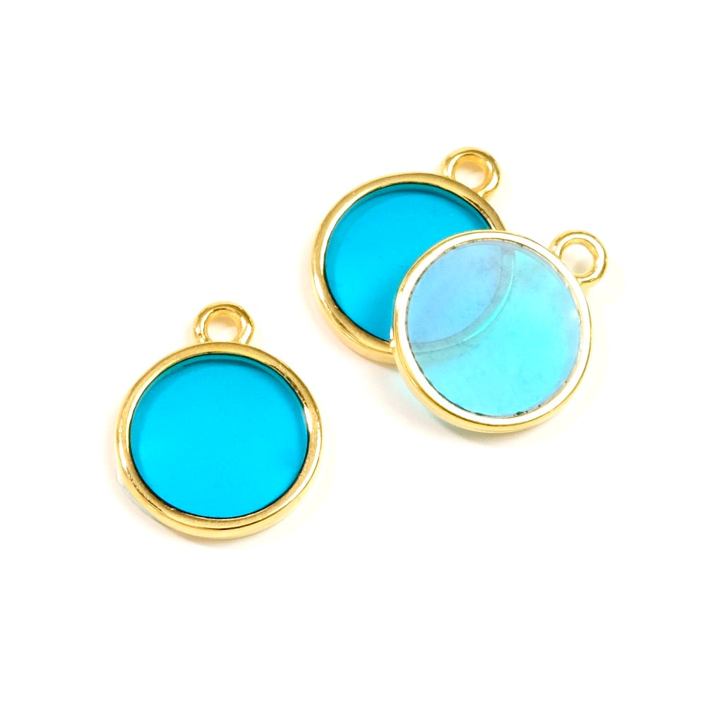 2 Pendentifs vitraux rond en Zamak doré 24K Turquoise