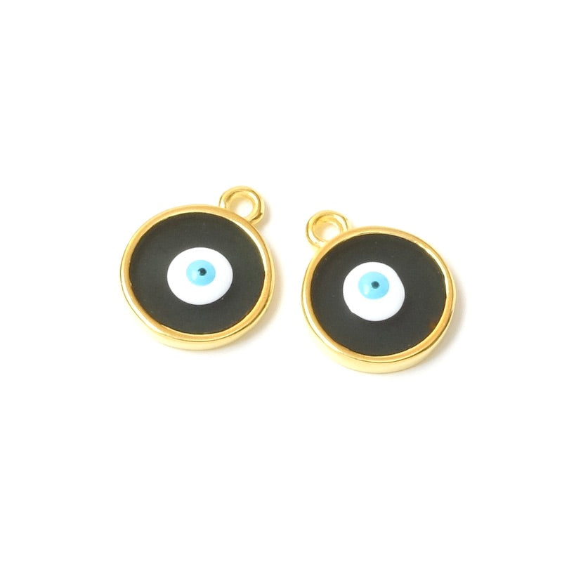 2 Pendentifs oeil émaillé noir rond en Zamak doré 24K