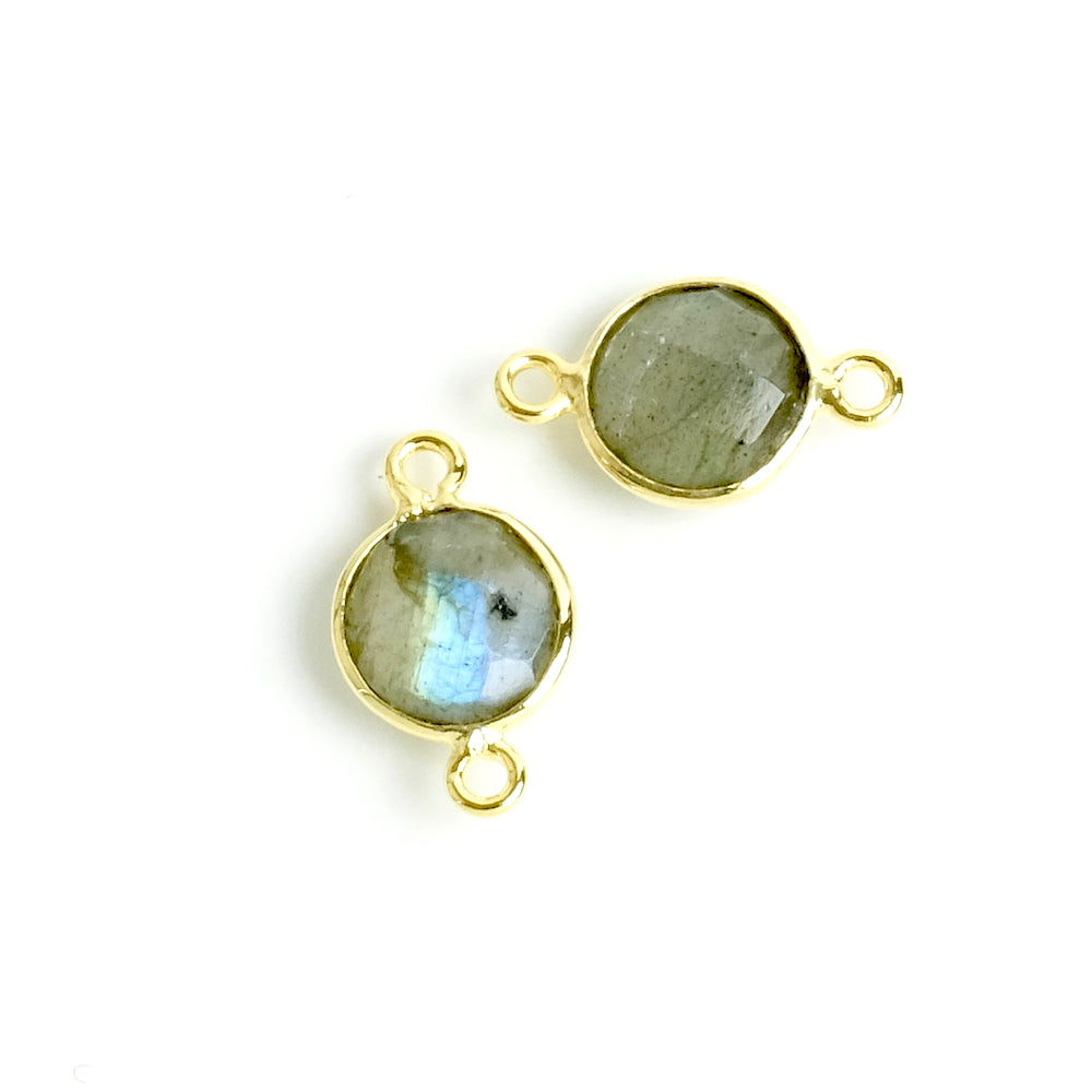 Connecteur sertis rond 8mm de Labradorite en laiton Doré à l'or fin 24K