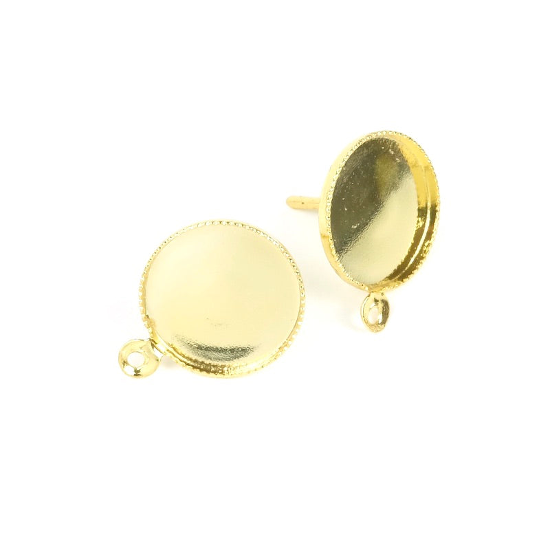 Boucles d'oreilles clous pour cab 12mm en Laiton doré à l'or fin 24K, la paire