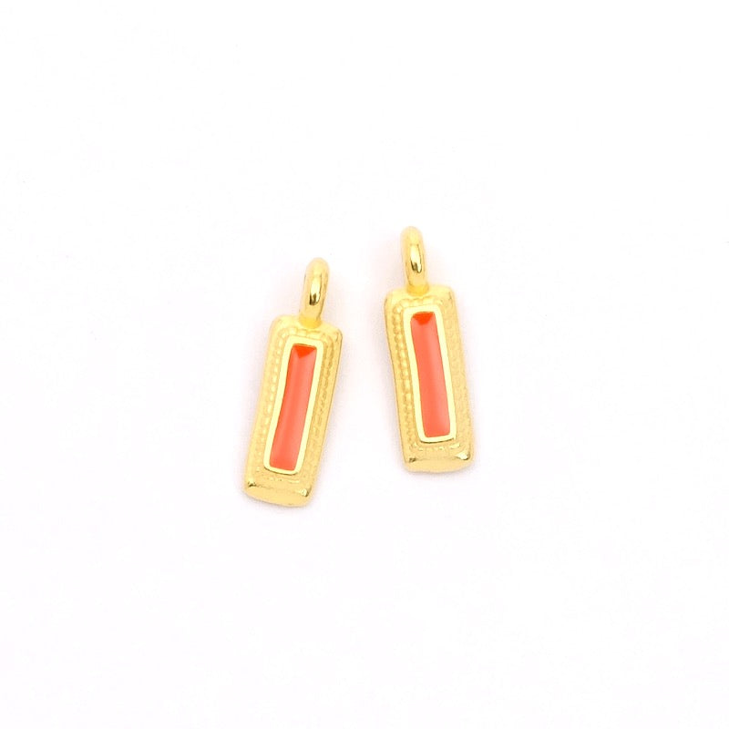 2 petits Pendentifs rectangle ethnique émaillé orange doré 24K