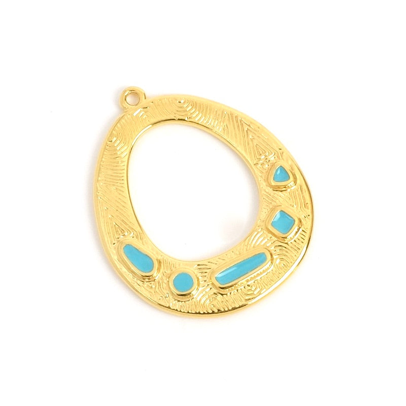 Pendentif goutte émaillé Turquoise doré 24K