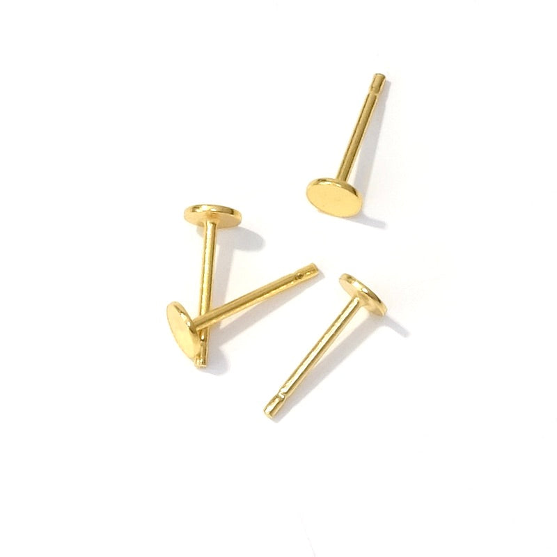 4 BO clous plateaux ronds 4mm à coller en laiton doré à l&#39;or fin 24K Premium