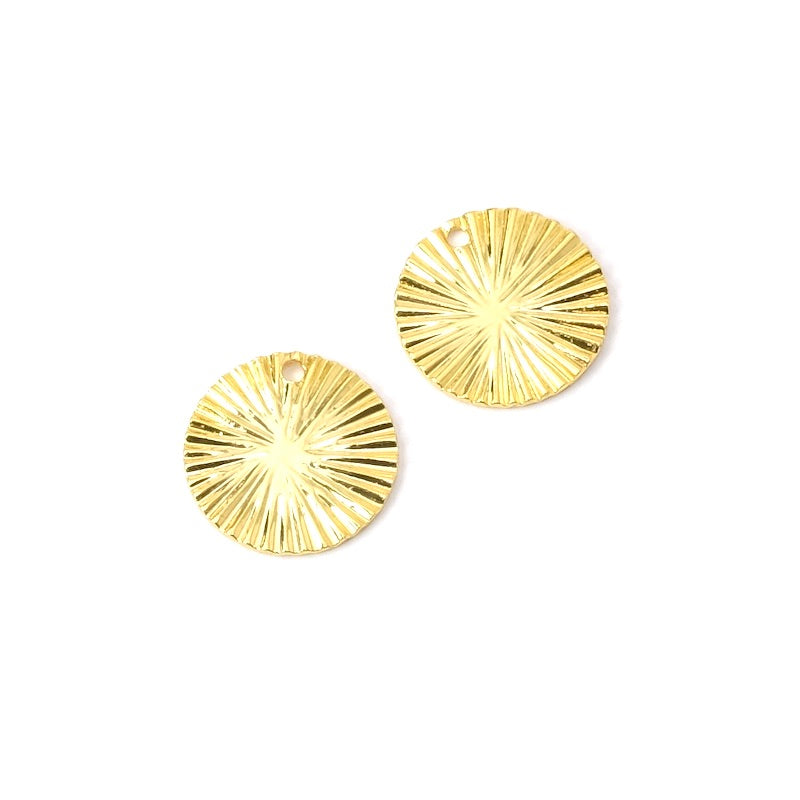 2 pendentifs rond ondulé 12,4mm en laiton Doré à l&#39;or fin 24K Premium