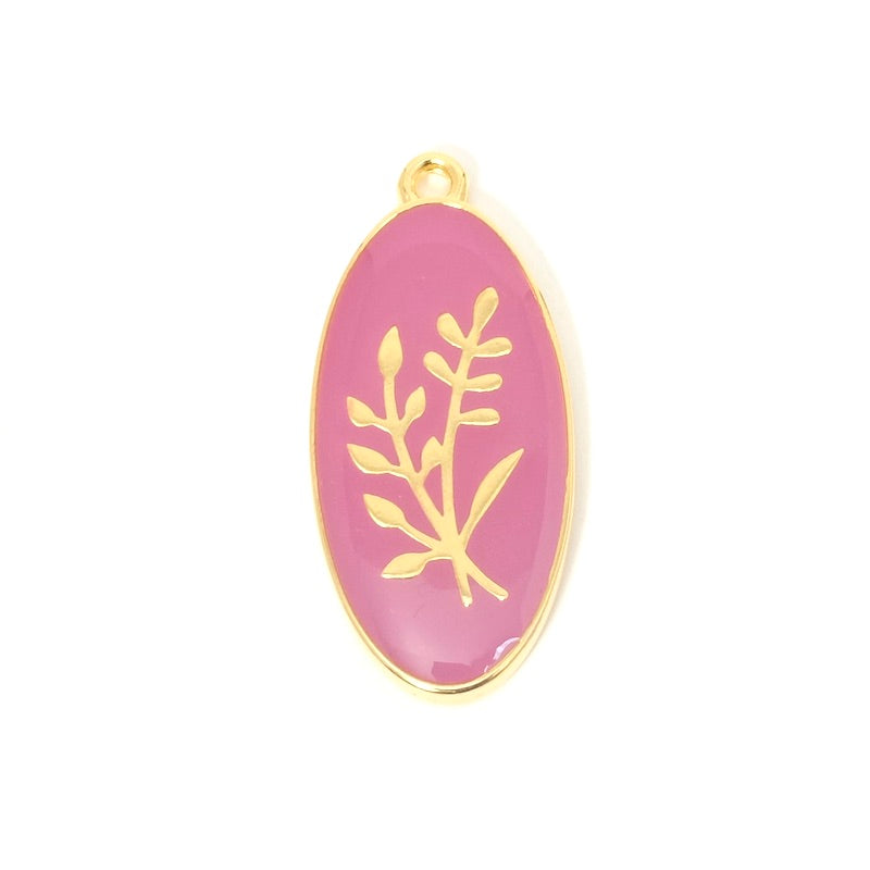 Pendentif ovale avec motif végétal émaillé magenta doré 24K